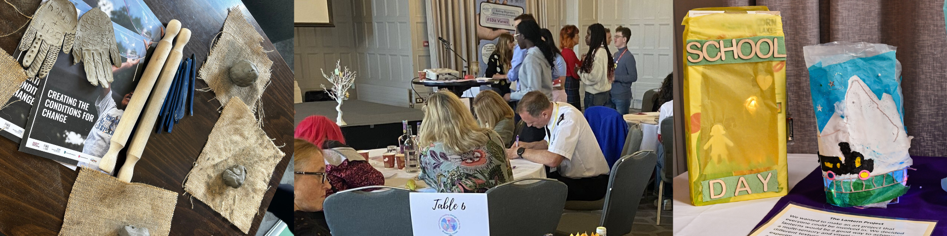 Photographs of objects and people during the day of the conference