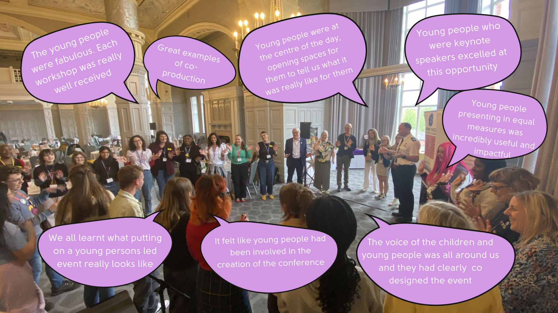 Annotated photograph of young people and adults at the conference in a circle. Quotes from participants about the coproduction of the event surround the people in speech bubbles.