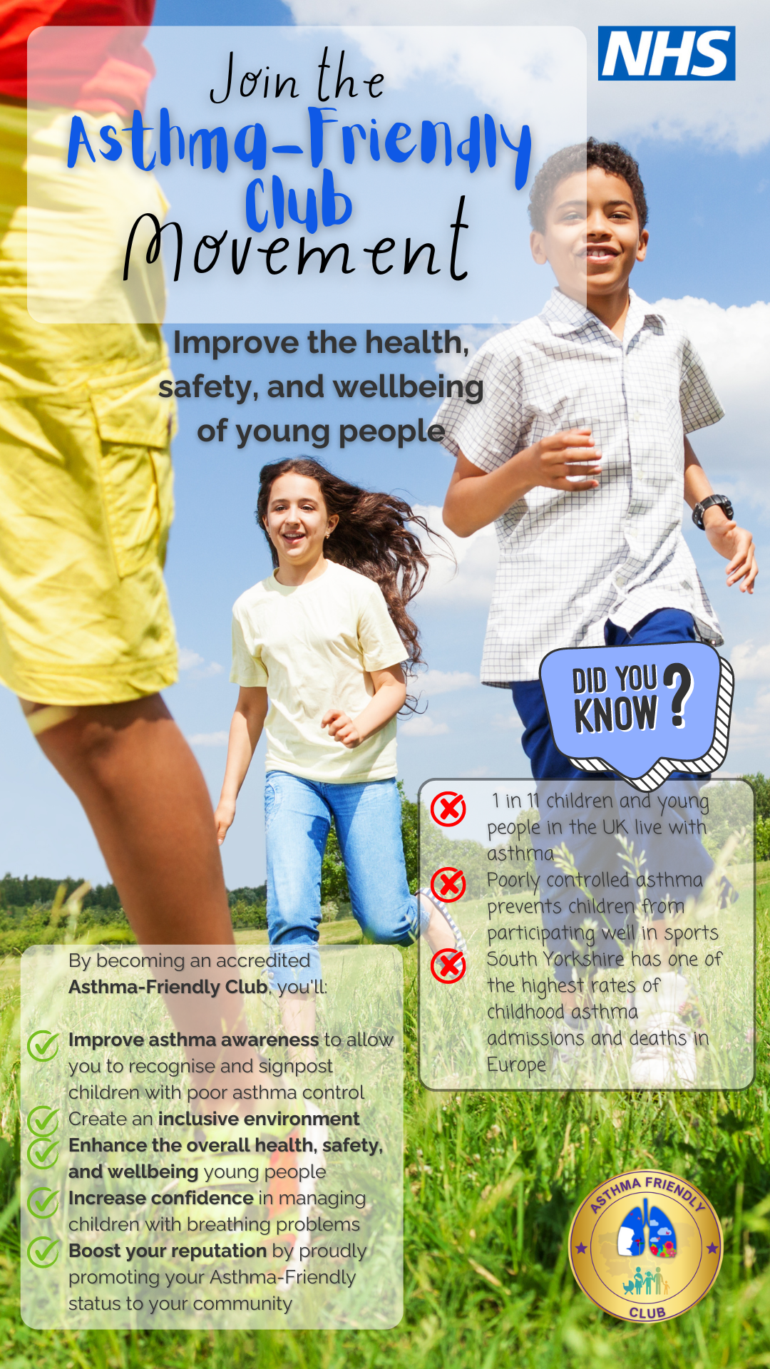 Asthma Friendly Clubs poster with children playing and text explaining the benefits