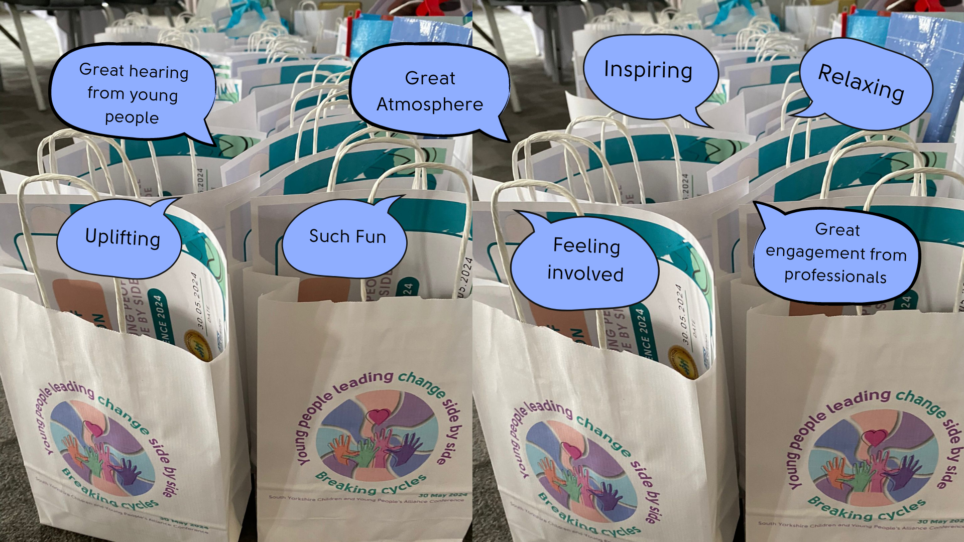 Photograph of conference goodie bags annotated with quotes from attendees about the organisation of the event