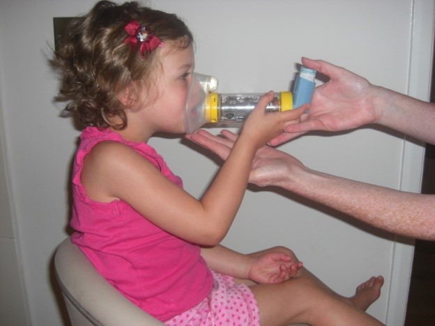 Young child begin given reliever inhaler using face mask spacer with the help of an adult