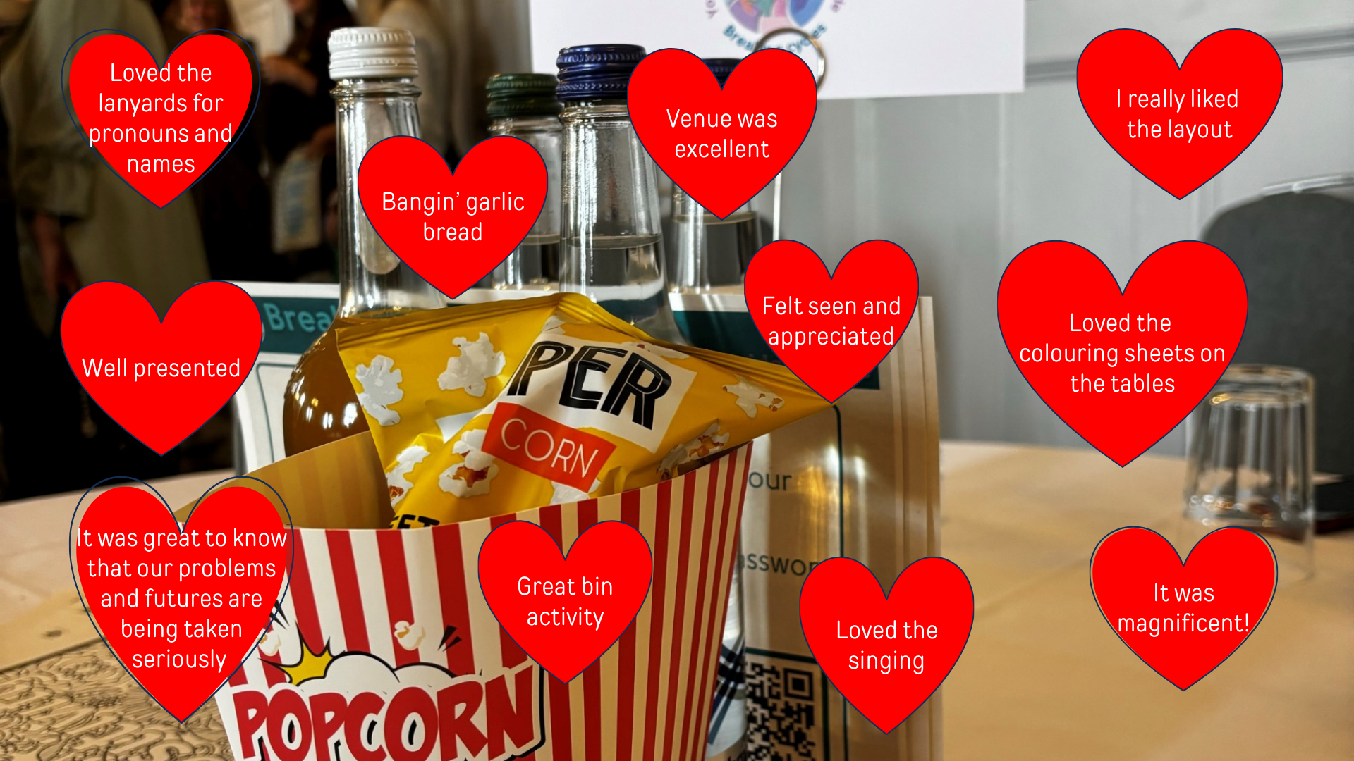 Photograph of popcorn and bottles of water with annotation iin hearts of comments from children and young people about the event