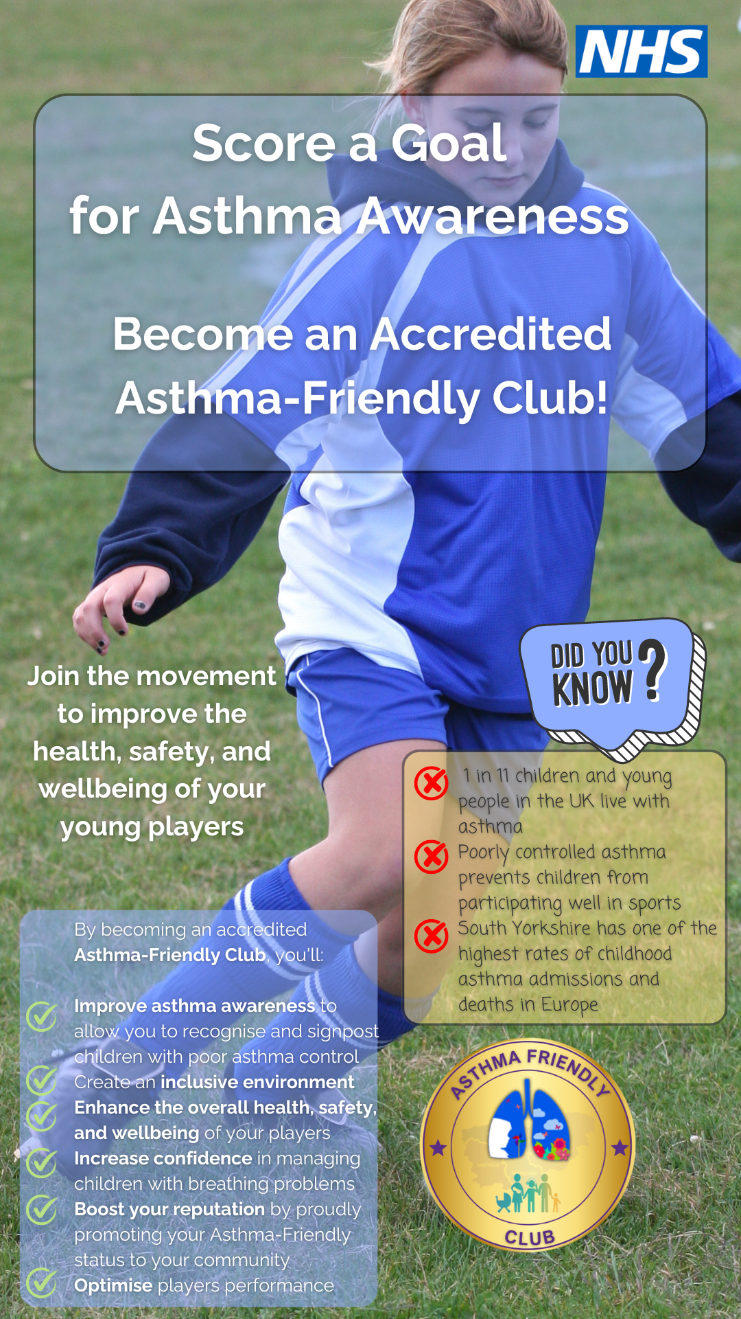 Asthma Friendly Schools Poster. Image of a girl playing football with aims and benefits of joining